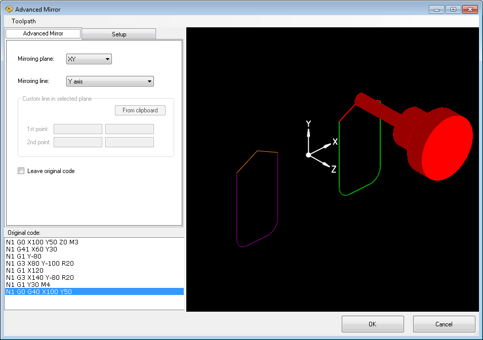 Advanced mirroring of CNC code