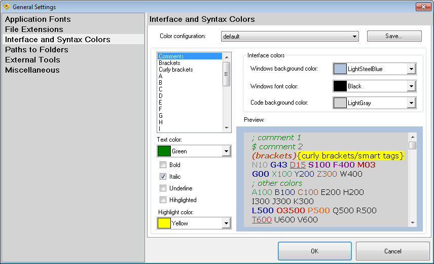 General settings - Interface and syntax colors