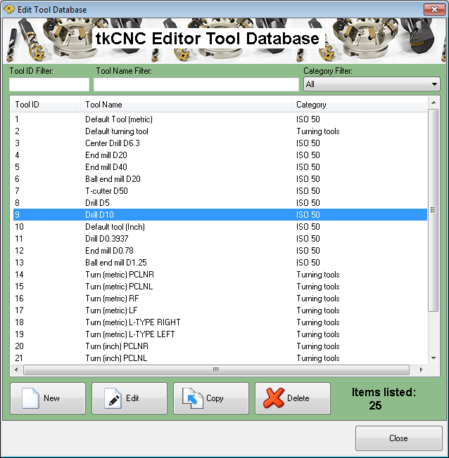 tkCNC Editor tool database window
